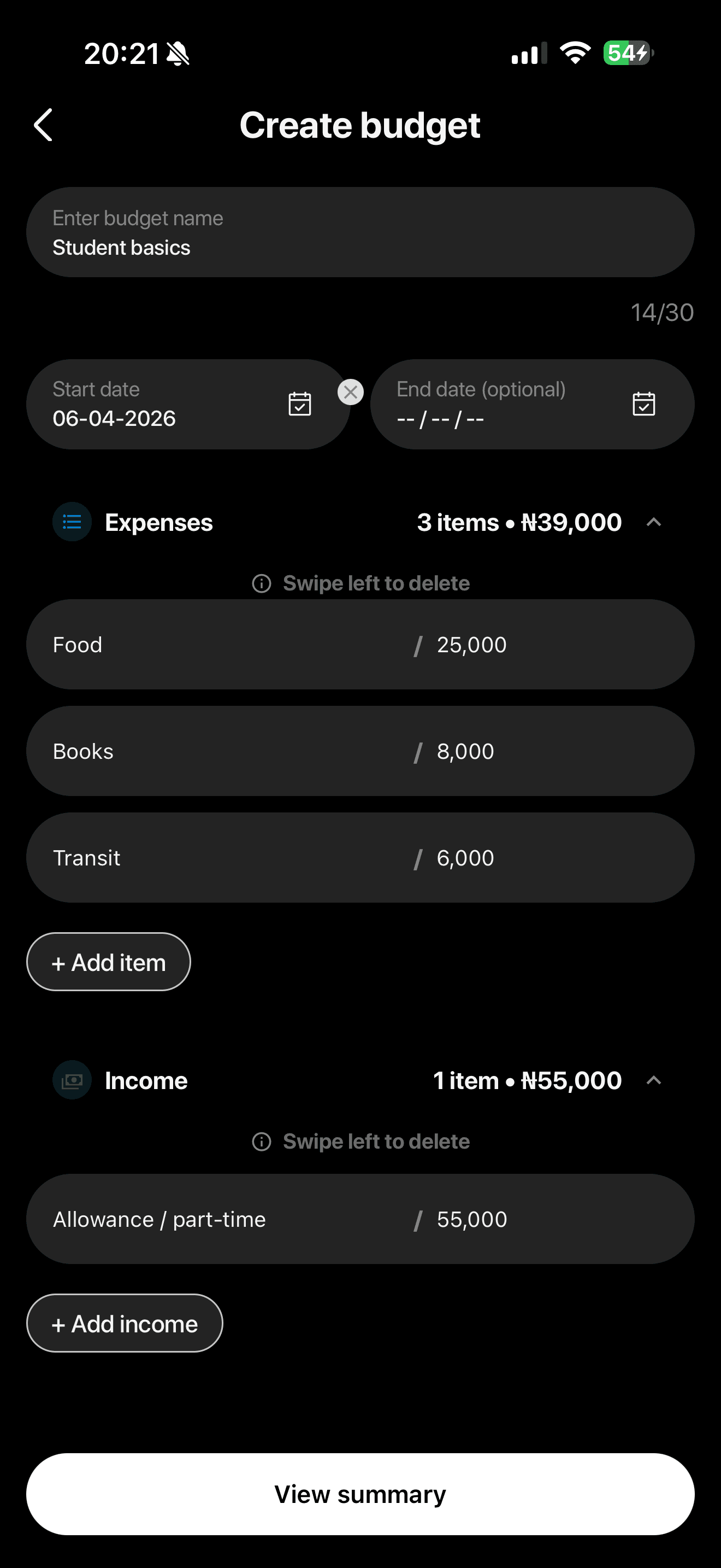 Budtra create budget screen