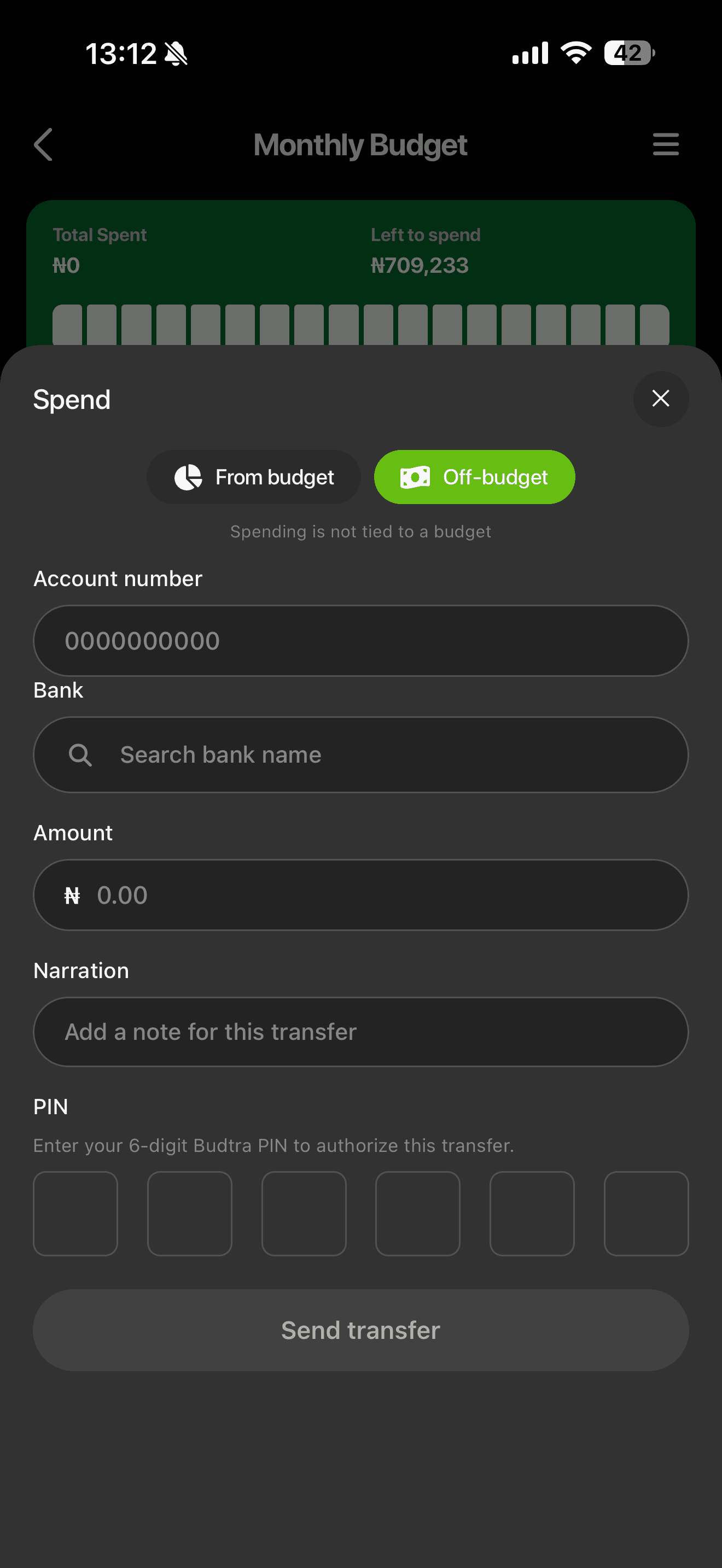 Budtra banking and send transfer screen